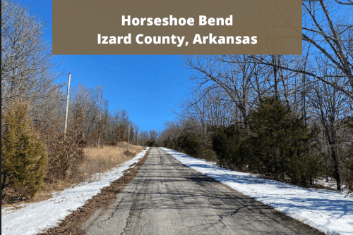 Aerial view of Arkansas Izard County Horseshoe Bend 0.49-acre lot, showing surrounding landscape and property boundaries.