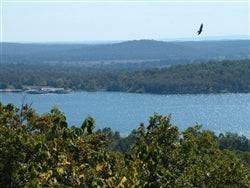 Aerial view of Arkansas Izard County Horseshoe Bend 0.26-acre lot for sale, featuring open land and surrounding natural scenery.