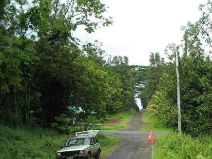 Aerial view of a 1/4 acre property in Nanawale Estates, Hawaii County on Lanai Road, featuring lush greenery and open land.