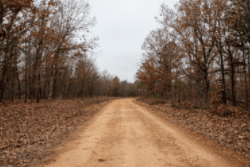 Aerial view of 5.76-acre Carter's Crossing lot 11 in Cherokee County, Oklahoma, featuring creek and wooded landscape.