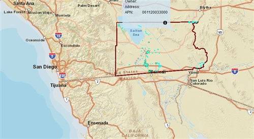 Aerial view of 2.5-acre California Imperial County land parcel for sale, showing open desert terrain and surrounding landscape.
