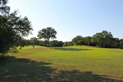 Aerial view of a 0.28-acre property in Tahitian Village Resort, Bastrop County, Texas, featuring lush greenery and resort surroundings.