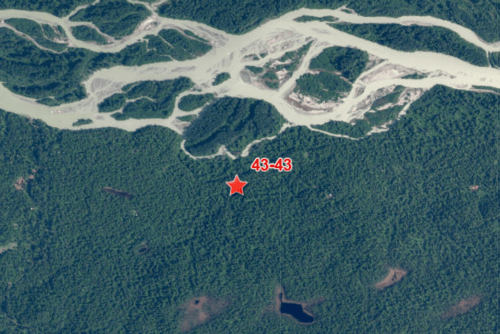 Aerial view of the 5.03-acre Talkeetna Bluffs Lot 2 Block 6 in Matanuska-Susitna Borough, Alaska, showing wooded land and surrounding landscape.