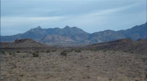 Aerial view of a 1.25-acre land lot in Lake Mohave Heights, Mohave County, Arizona, with surrounding natural desert landscape.