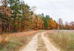Aerial view of Missouri Reynolds County Hawkcrest Lot 8, 7.63-acre property with wooded terrain and open spaces, under a blue sky.