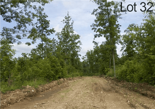 Aerial view of Missouri Thunder Mountain Ranch lot 32 in Shannon County, showing wooded 11.44-acre parcel with natural terrain.