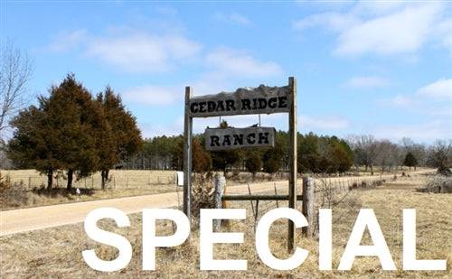 Aerial view of Cedar Ridge Ranch in Phelps County, Missouri, showcasing 5.1 acres with electricity access on Onlinelandsales.
