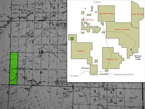 Aerial view of Texas Brewster County Terlingua Ranch 40-acre land parcel with desert landscape and sparse vegetation.